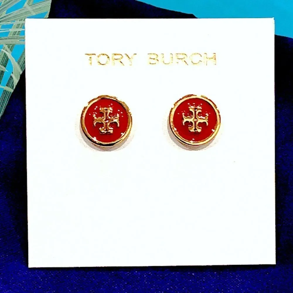TORY BURCH KIRA ENAMELED PENDANT NECKLACE AND EARRINGS SET IN RED / GO…